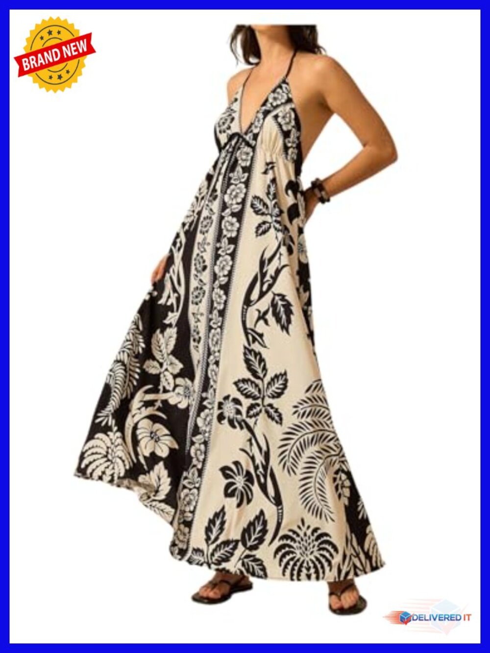 Women's Floral Halter Maxi Dress Open Back Empire Waist Boho - Picture 1 of 5